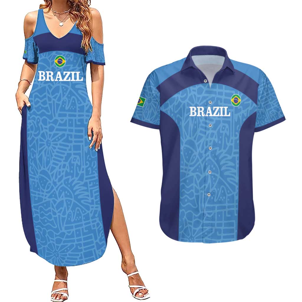 Custom Brazil Football Couples Matching Summer Maxi Dress and Hawaiian Shirt Vamos Selecao - Blue - Wonder Print Shop