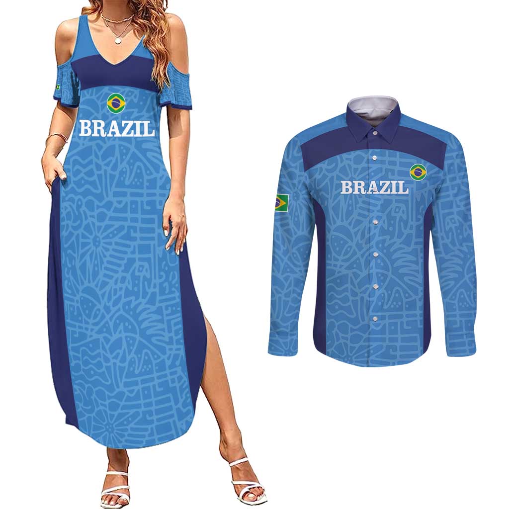 Custom Brazil Football Couples Matching Summer Maxi Dress and Long Sleeve Button Shirt Vamos Selecao - Blue - Wonder Print Shop