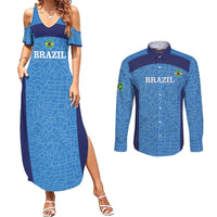 Custom Brazil Football Couples Matching Summer Maxi Dress and Long Sleeve Button Shirt Vamos Selecao - Blue - Wonder Print Shop