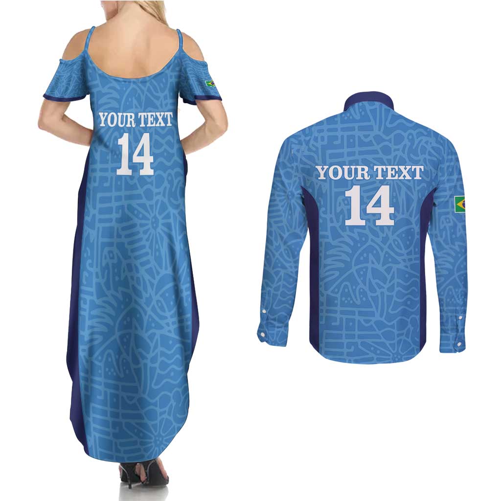 Custom Brazil Football Couples Matching Summer Maxi Dress and Long Sleeve Button Shirt Vamos Selecao - Blue - Wonder Print Shop
