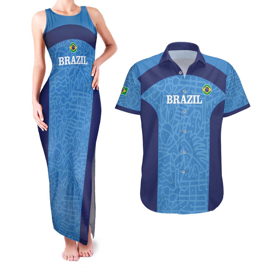Custom Brazil Football Couples Matching Tank Maxi Dress and Hawaiian Shirt Vamos Selecao - Blue - Wonder Print Shop