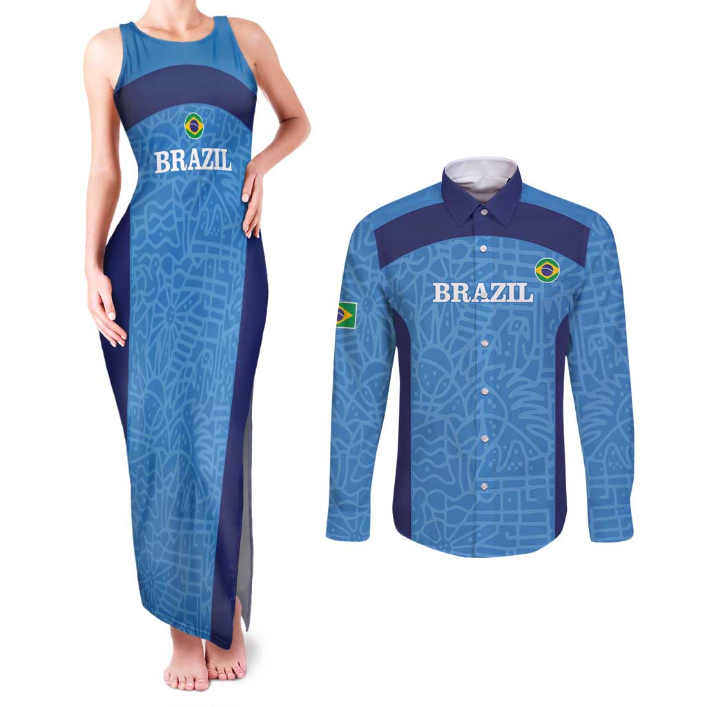 Custom Brazil Football Couples Matching Tank Maxi Dress and Long Sleeve Button Shirt Vamos Selecao - Blue - Wonder Print Shop