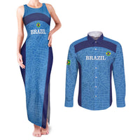 Custom Brazil Football Couples Matching Tank Maxi Dress and Long Sleeve Button Shirt Vamos Selecao - Blue - Wonder Print Shop