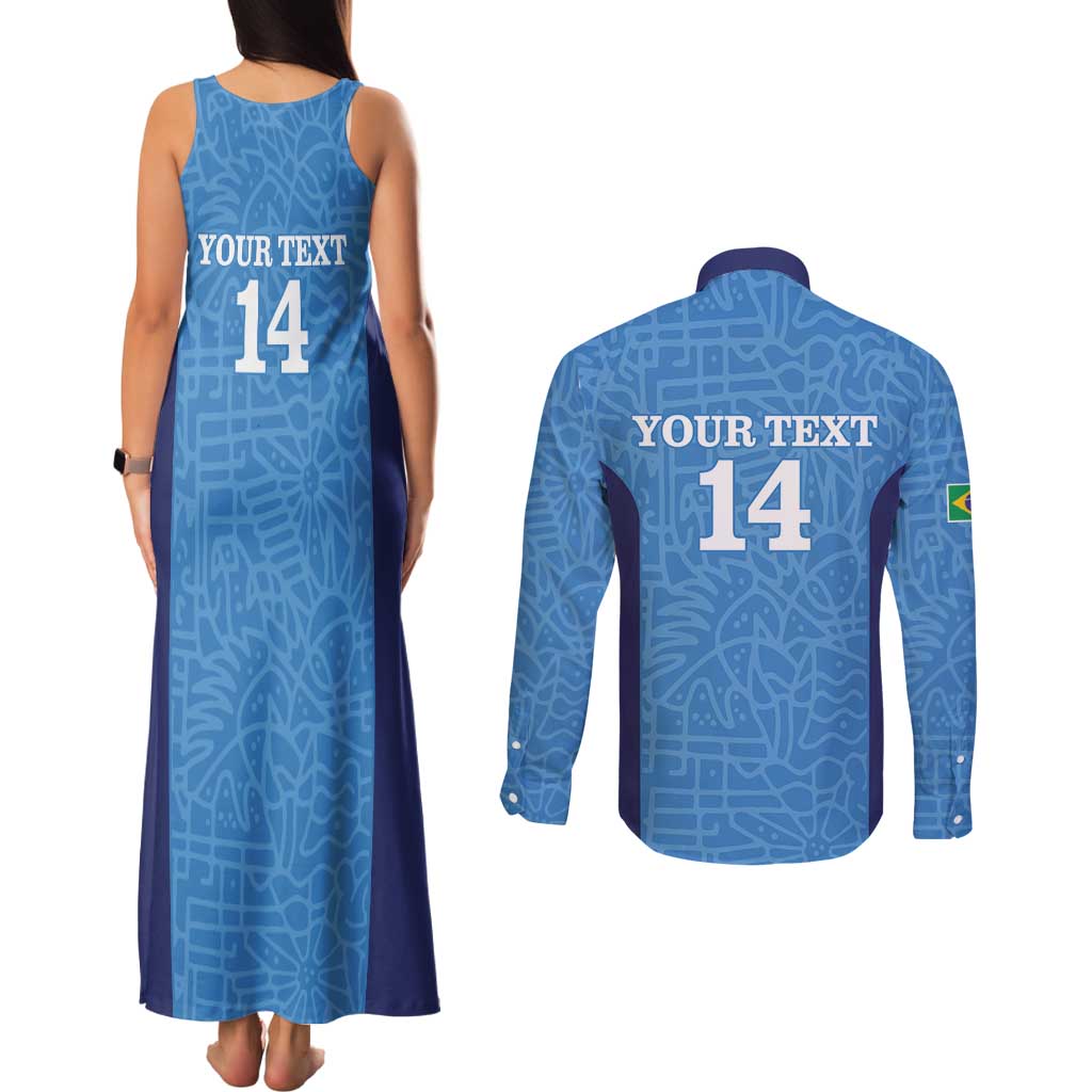 Custom Brazil Football Couples Matching Tank Maxi Dress and Long Sleeve Button Shirt Vamos Selecao - Blue - Wonder Print Shop