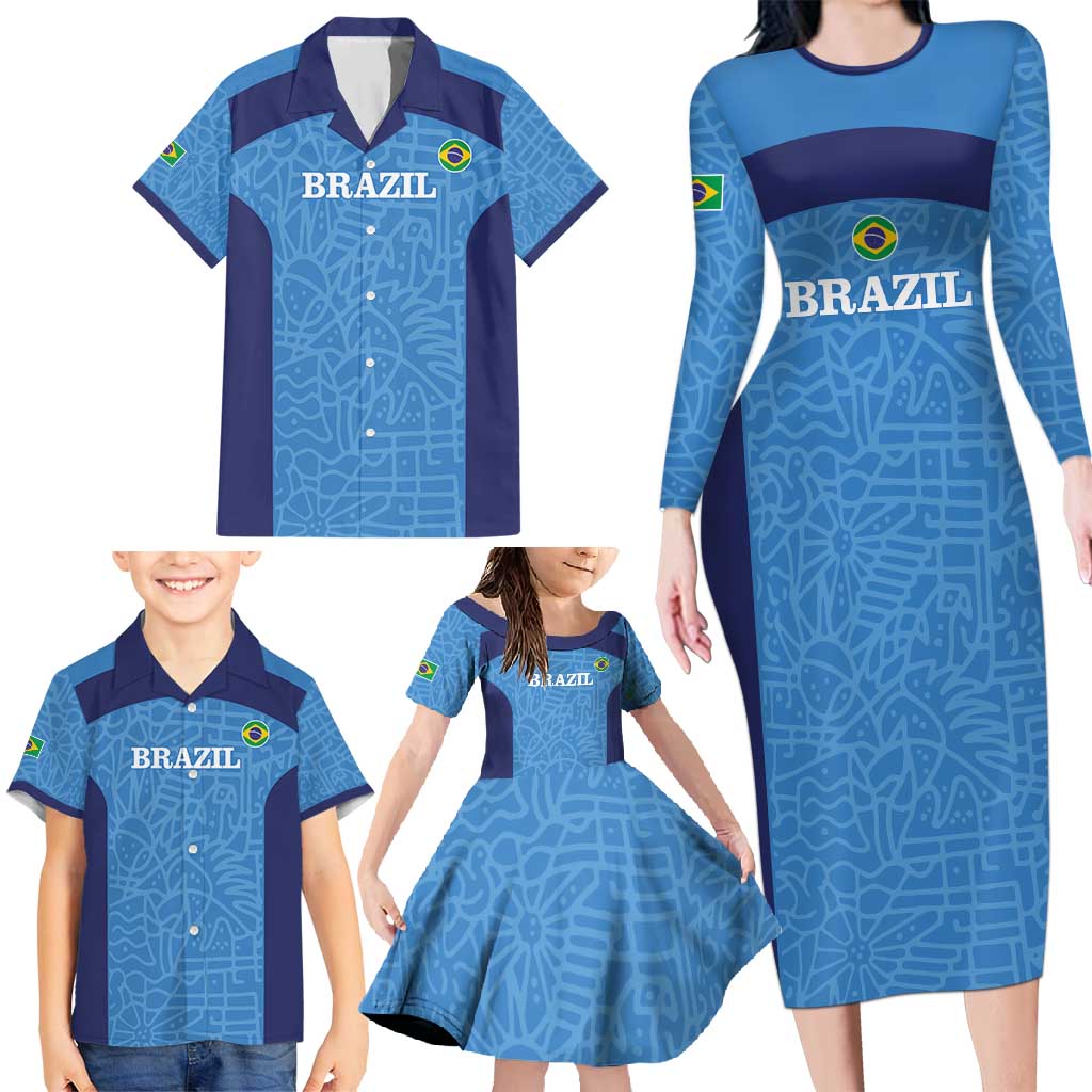 Custom Brazil Football Family Matching Long Sleeve Bodycon Dress and Hawaiian Shirt Vamos Selecao - Blue - Wonder Print Shop