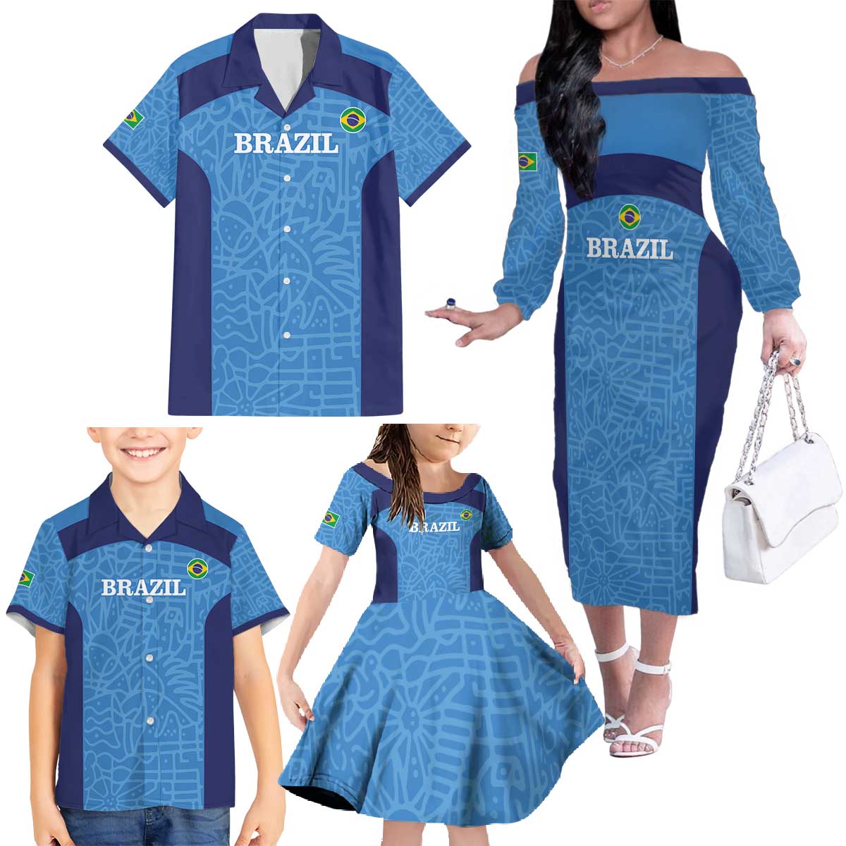 Custom Brazil Football Family Matching Off The Shoulder Long Sleeve Dress and Hawaiian Shirt Vamos Selecao - Blue - Wonder Print Shop