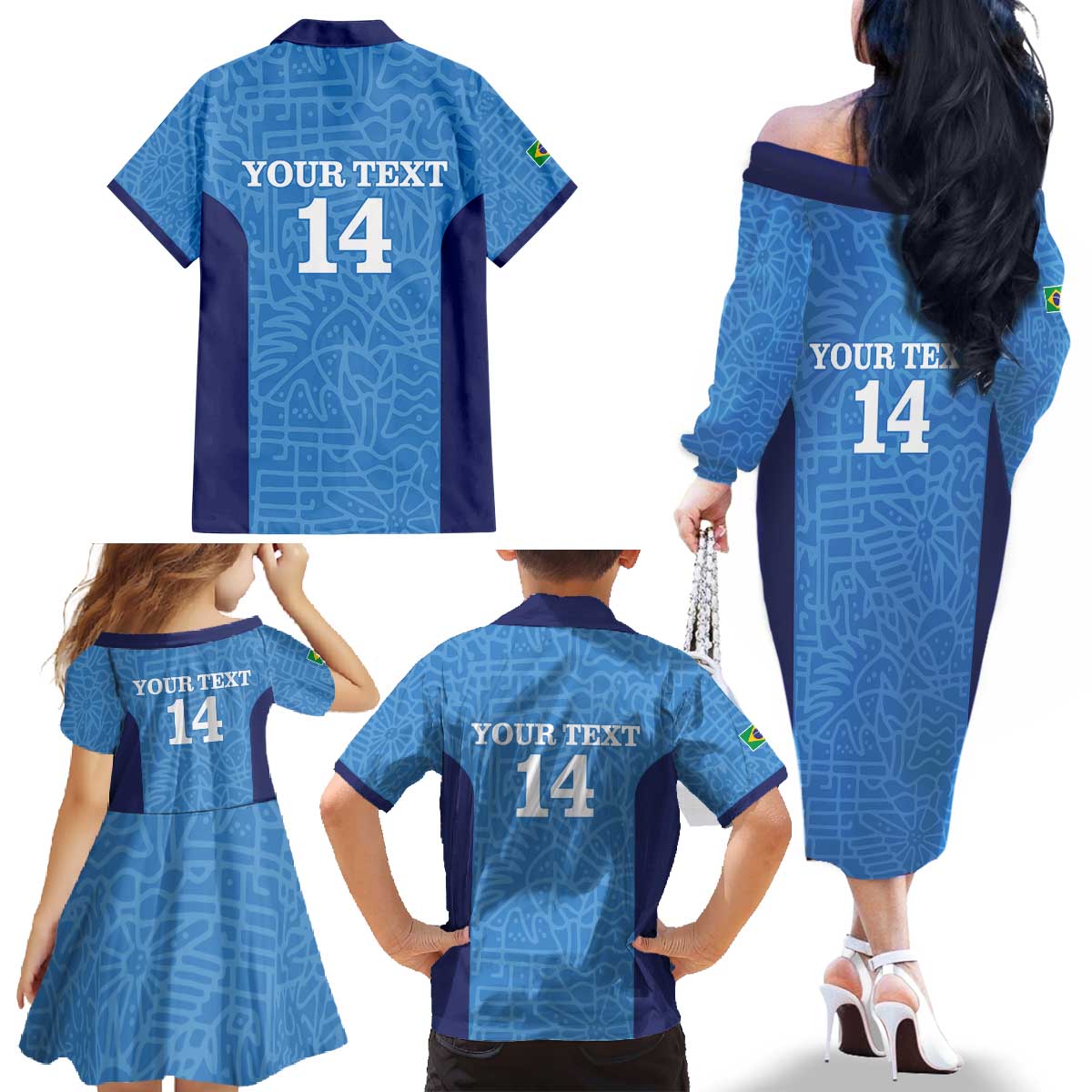 Custom Brazil Football Family Matching Off The Shoulder Long Sleeve Dress and Hawaiian Shirt Vamos Selecao - Blue - Wonder Print Shop