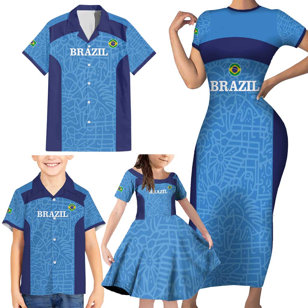 Custom Brazil Football Family Matching Short Sleeve Bodycon Dress and Hawaiian Shirt Vamos Selecao - Blue - Wonder Print Shop