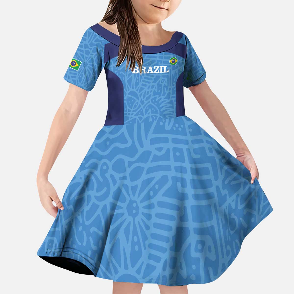 Custom Brazil Football Kid Short Sleeve Dress Vamos Selecao - Blue - Wonder Print Shop