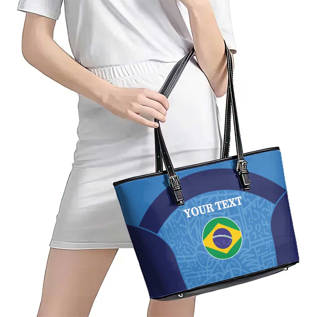 Custom Brazil Football Leather Tote Bag Vamos Selecao - Blue - Wonder Print Shop