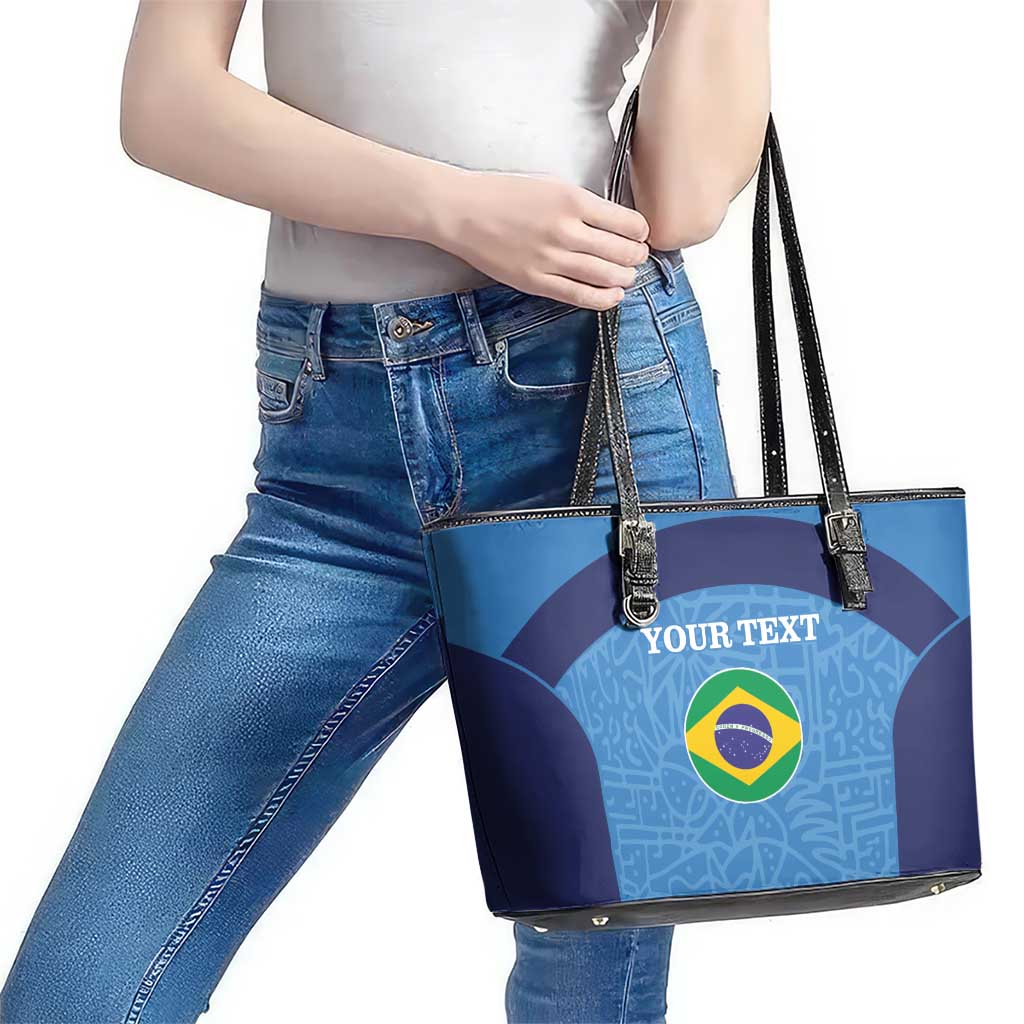 Custom Brazil Football Leather Tote Bag Vamos Selecao - Blue - Wonder Print Shop