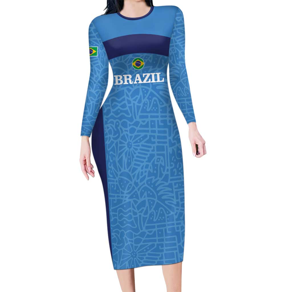 Custom Brazil Football Long Sleeve Bodycon Dress Vamos Selecao - Blue - Wonder Print Shop