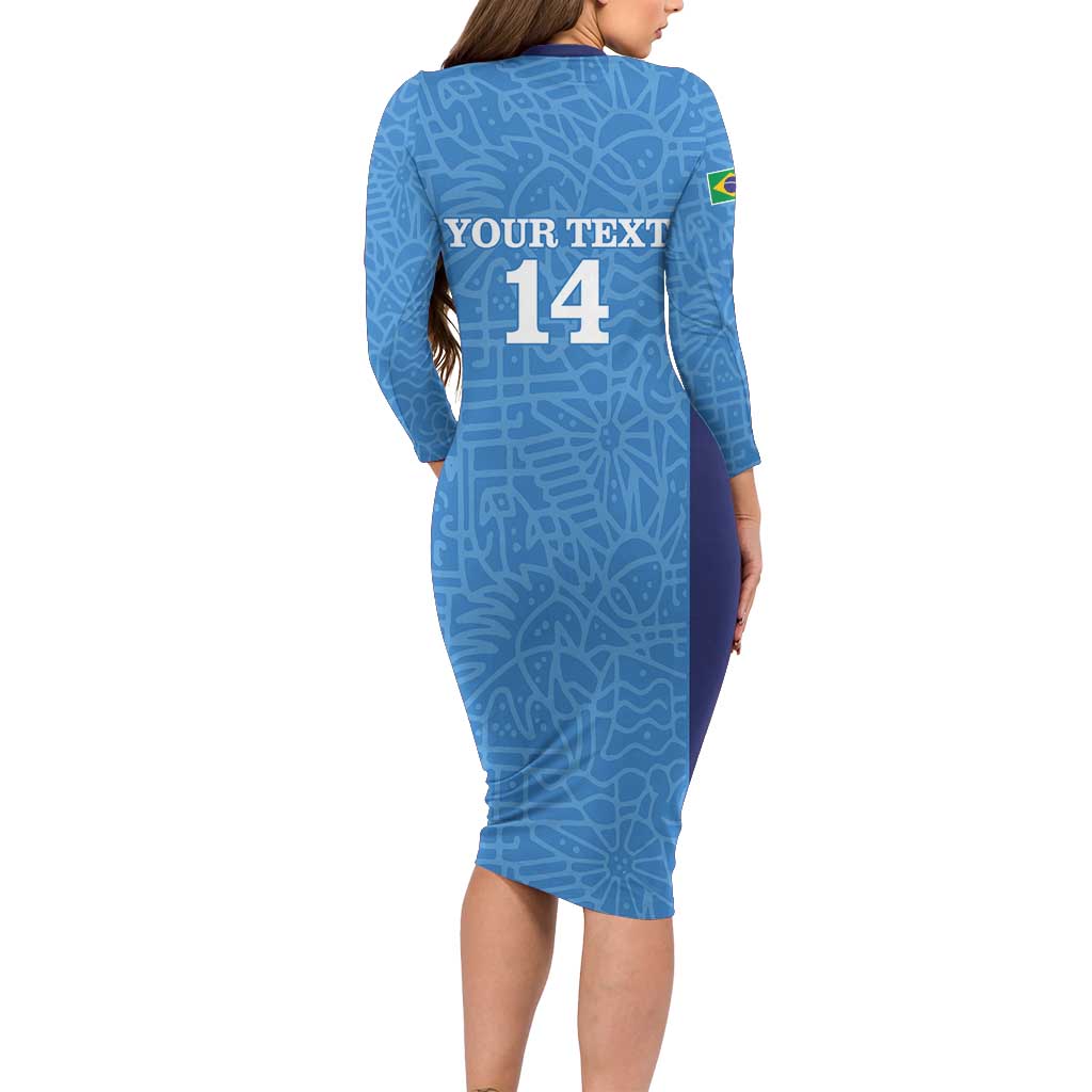 Custom Brazil Football Long Sleeve Bodycon Dress Vamos Selecao - Blue - Wonder Print Shop