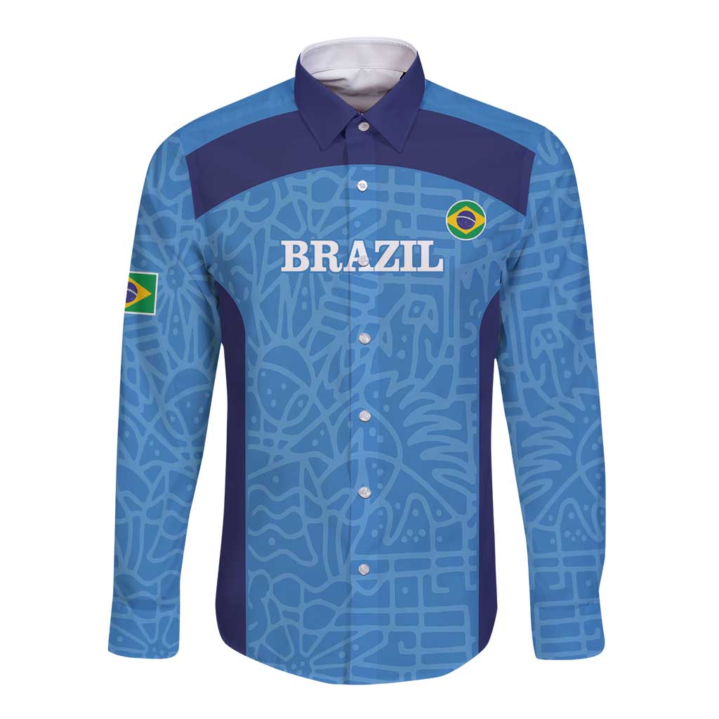 Custom Brazil Football Long Sleeve Button Shirt Vamos Selecao - Blue - Wonder Print Shop