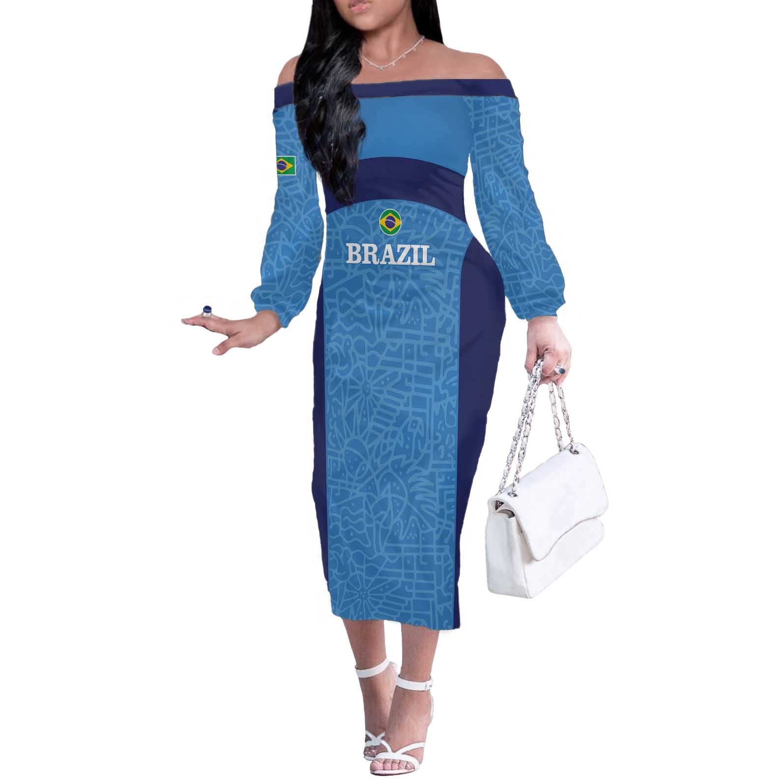 Custom Brazil Football Off The Shoulder Long Sleeve Dress Vamos Selecao - Blue - Wonder Print Shop
