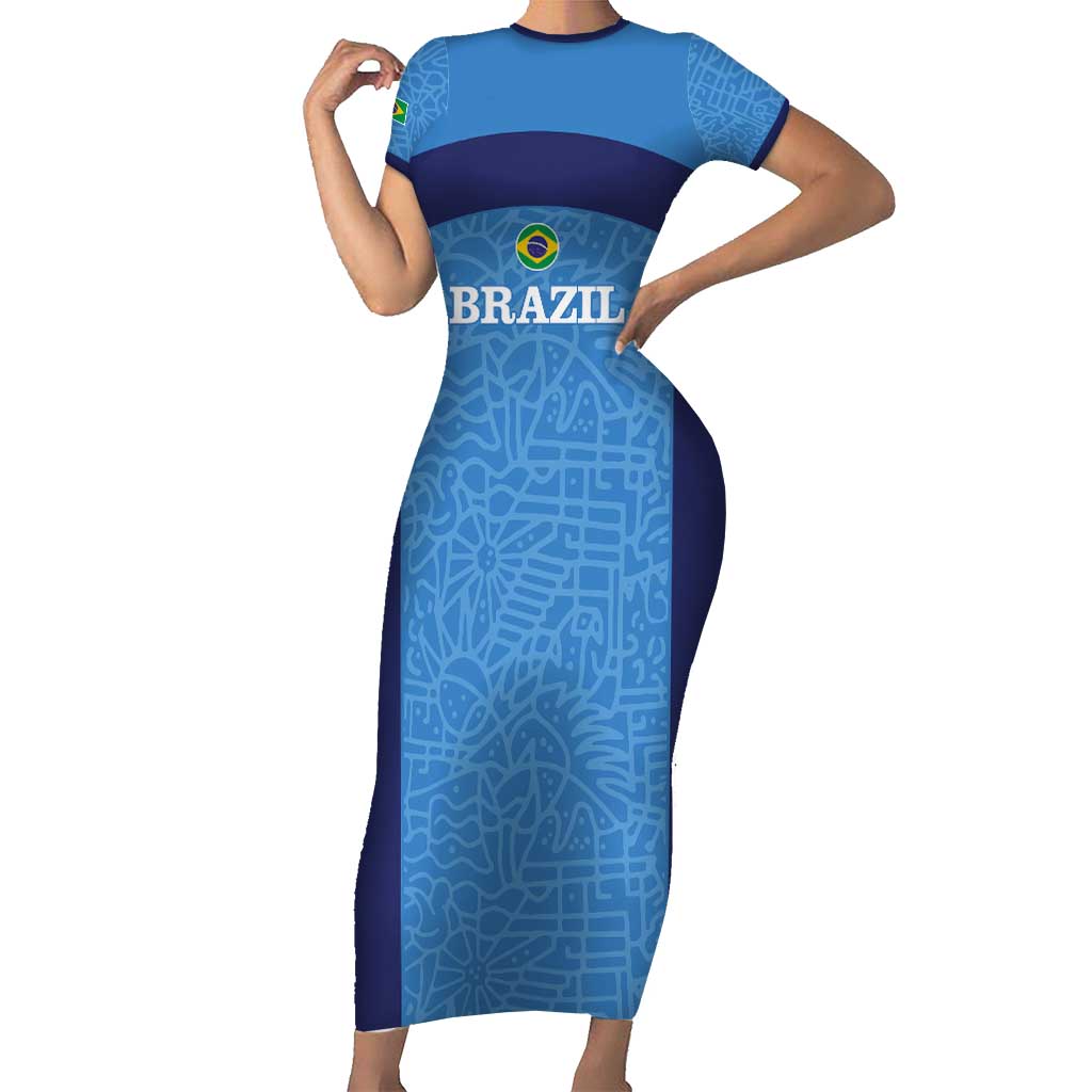 Custom Brazil Football Short Sleeve Bodycon Dress Vamos Selecao - Blue - Wonder Print Shop