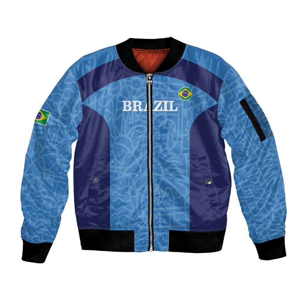 Custom Brazil Football Sleeve Zip Bomber Jacket Vamos Selecao - Blue - Wonder Print Shop
