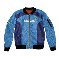 Custom Brazil Football Sleeve Zip Bomber Jacket Vamos Selecao - Blue - Wonder Print Shop
