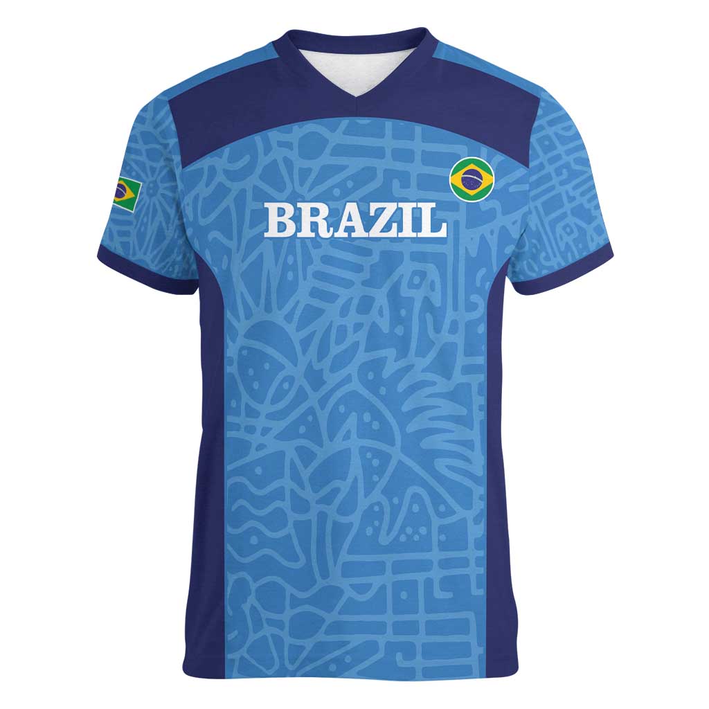 Custom Brazil Football Women V-Neck T-Shirt Vamos Selecao - Blue - Wonder Print Shop