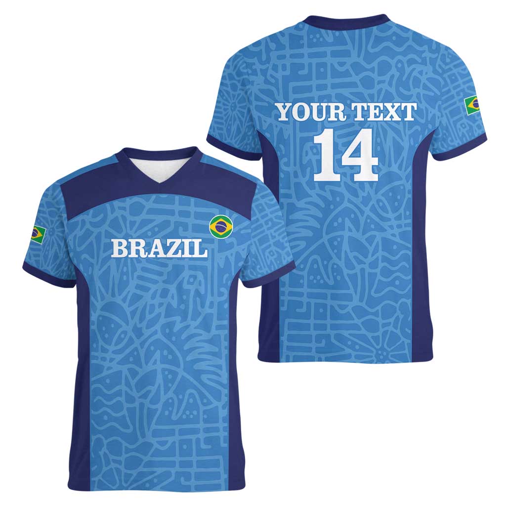 Custom Brazil Football Women V-Neck T-Shirt Vamos Selecao - Blue - Wonder Print Shop