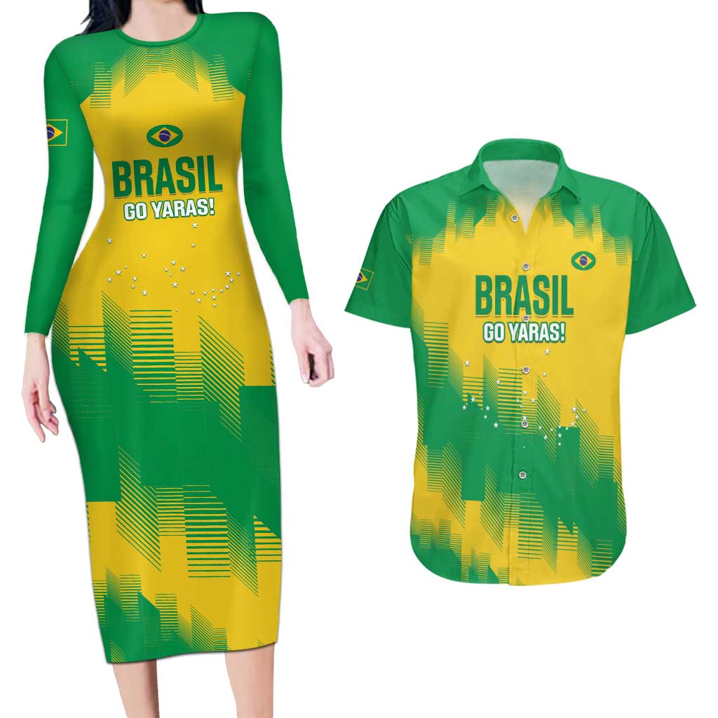 Custom Brasil Rugby 2025 Couples Matching Long Sleeve Bodycon Dress and Hawaiian Shirt Go Champions Yaras - Wonder Print Shop