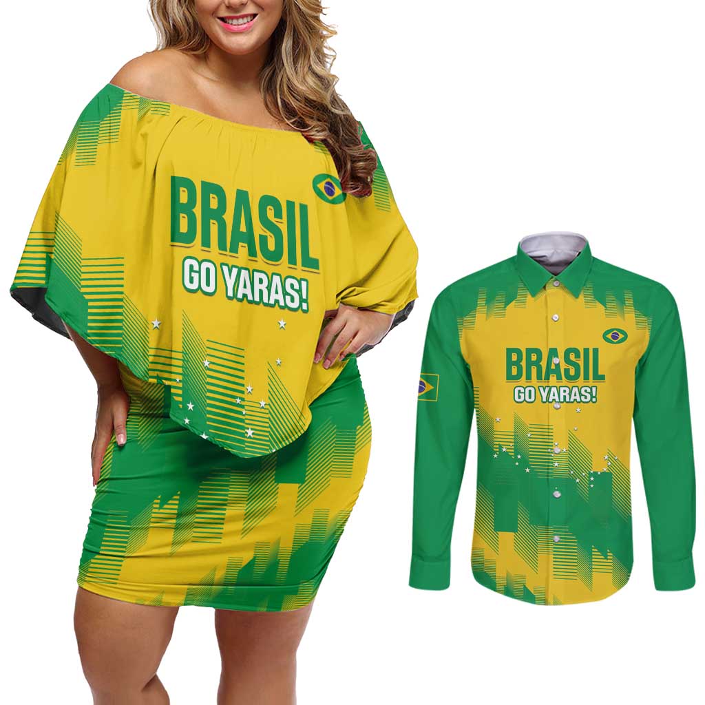 Custom Brasil Rugby 2025 Couples Matching Off Shoulder Short Dress and Long Sleeve Button Shirt Go Champions Yaras - Wonder Print Shop