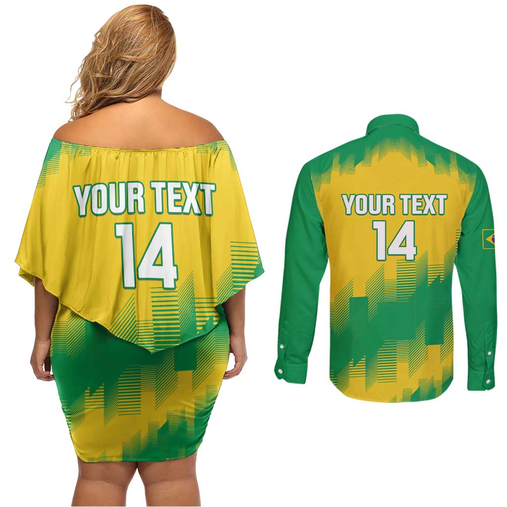Custom Brasil Rugby 2025 Couples Matching Off Shoulder Short Dress and Long Sleeve Button Shirt Go Champions Yaras - Wonder Print Shop