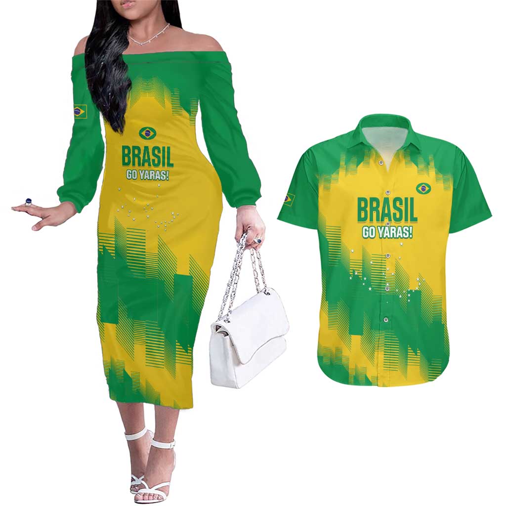 Custom Brasil Rugby 2025 Couples Matching Off The Shoulder Long Sleeve Dress and Hawaiian Shirt Go Champions Yaras - Wonder Print Shop