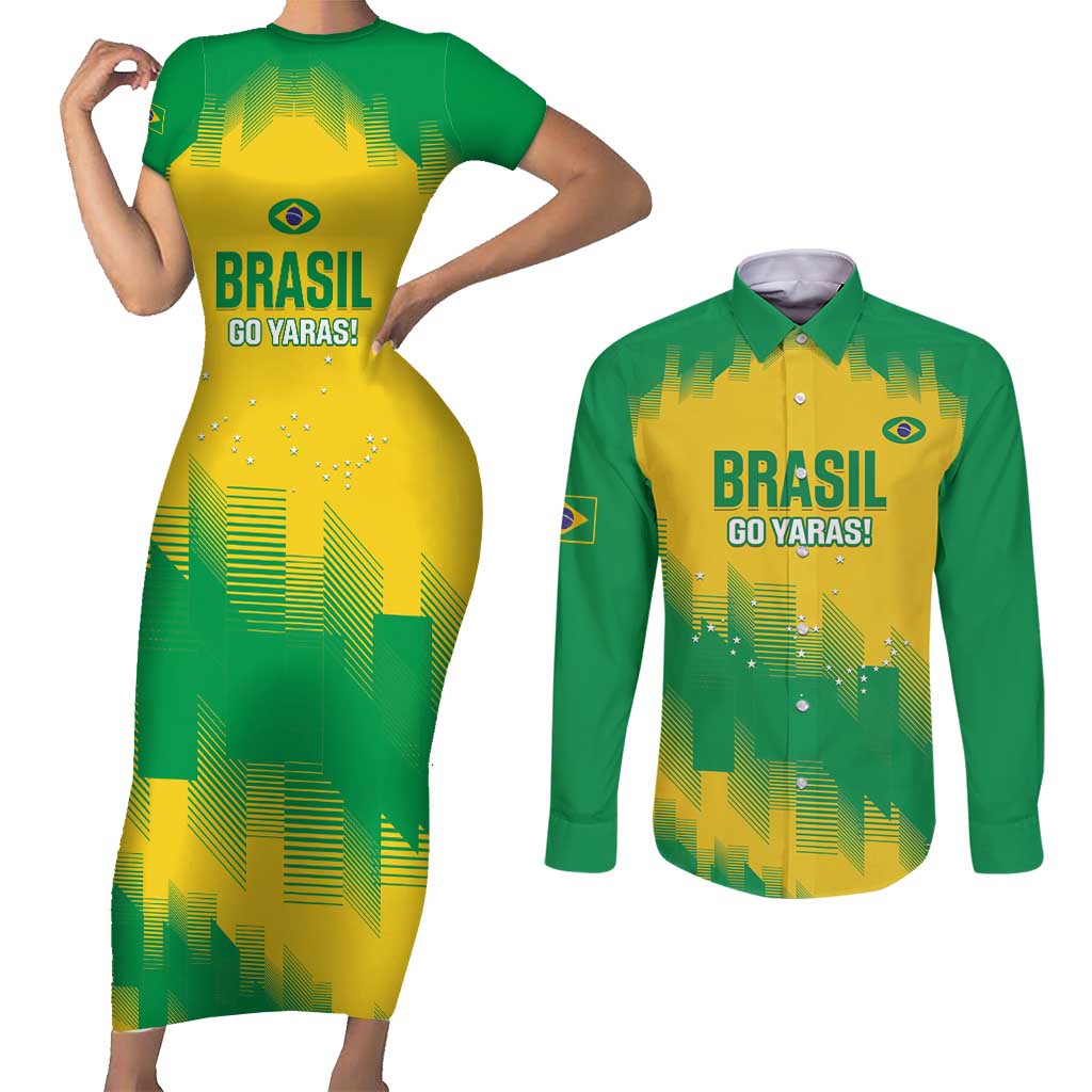 Custom Brasil Rugby 2025 Couples Matching Short Sleeve Bodycon Dress and Long Sleeve Button Shirt Go Champions Yaras - Wonder Print Shop