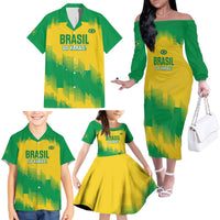 Custom Brasil Rugby 2025 Family Matching Off The Shoulder Long Sleeve Dress and Hawaiian Shirt Go Champions Yaras - Wonder Print Shop