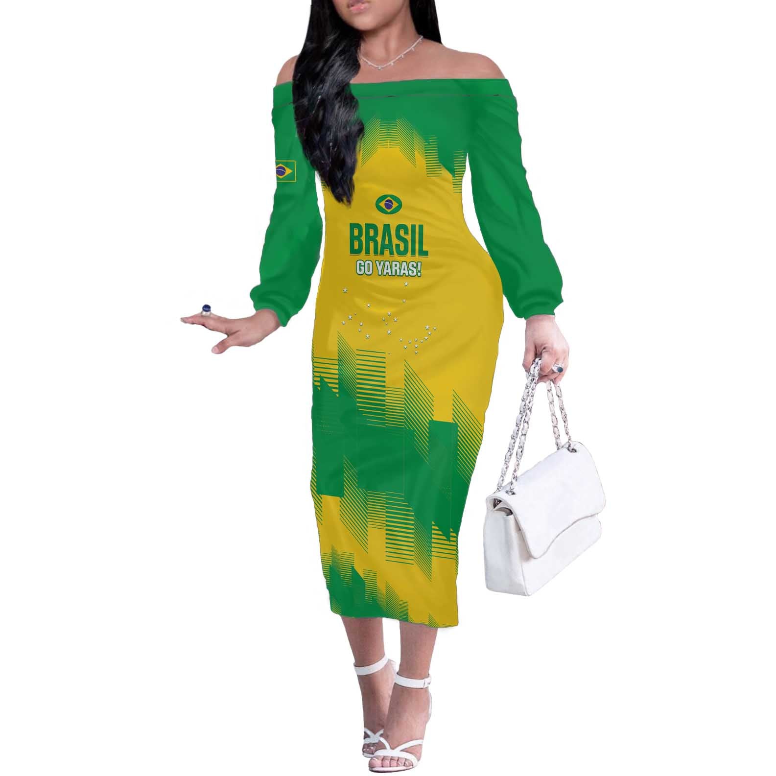 Custom Brasil Rugby 2025 Off The Shoulder Long Sleeve Dress Go Champions Yaras - Wonder Print Shop