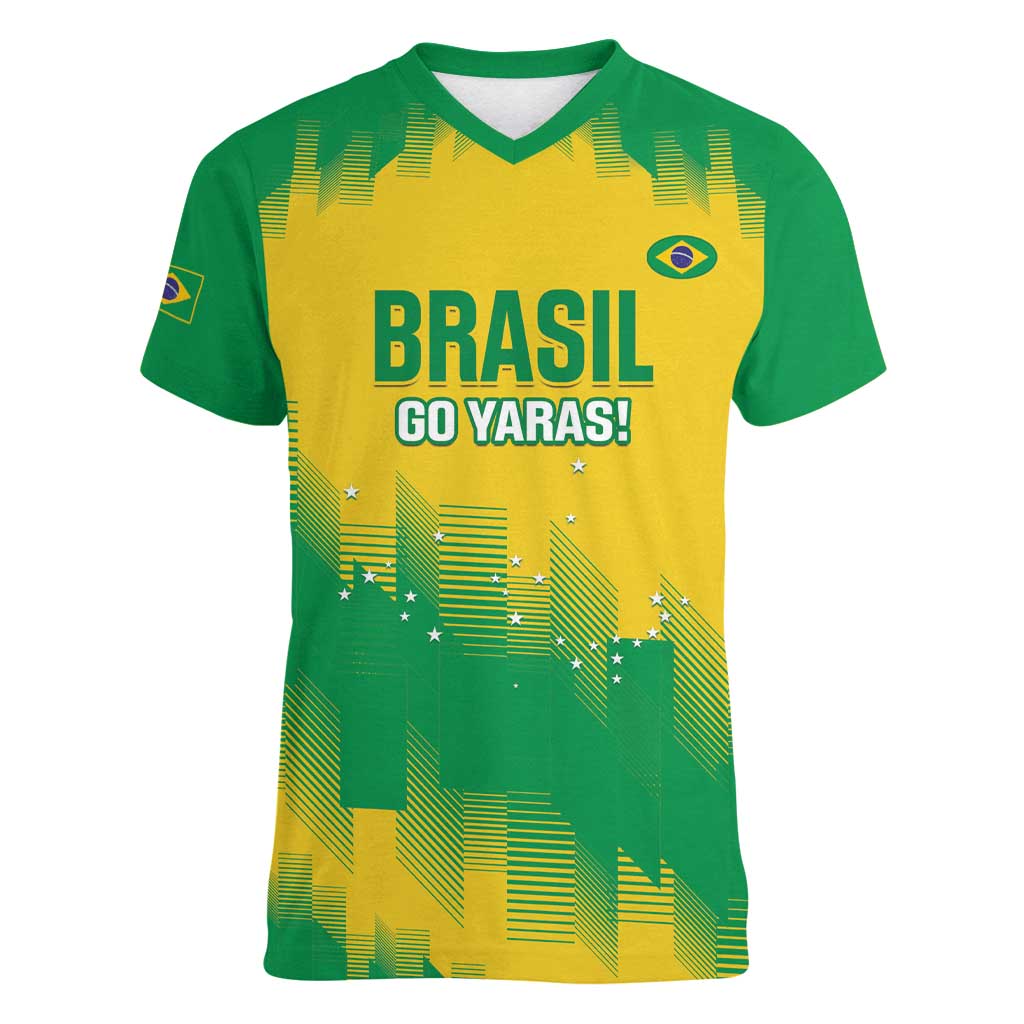 Custom Brasil Rugby 2025 Women V-Neck T-Shirt Go Champions Yaras - Wonder Print Shop