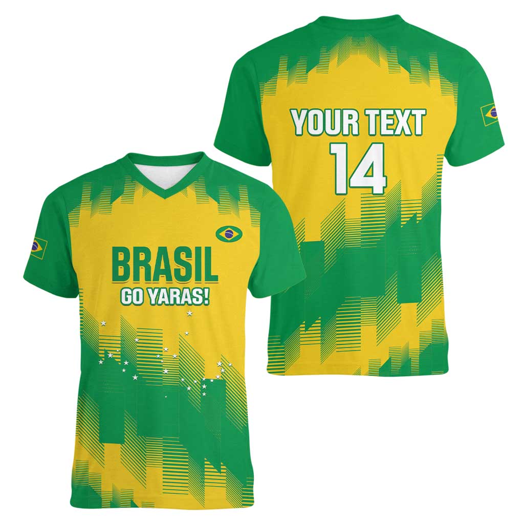 Custom Brasil Rugby 2025 Women V-Neck T-Shirt Go Champions Yaras - Wonder Print Shop