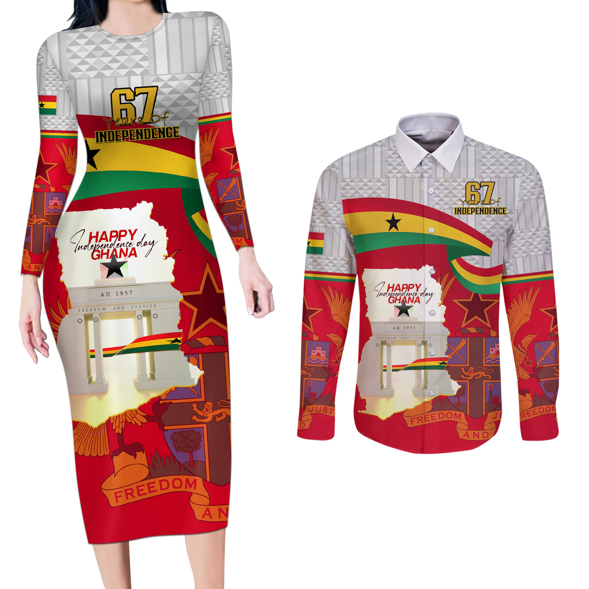 Ghana Independence Day Couples Matching Long Sleeve Bodycon Dress and Long Sleeve Button Shirt Gana Map Happy 67 Years Anniversary - Wonder Print Shop