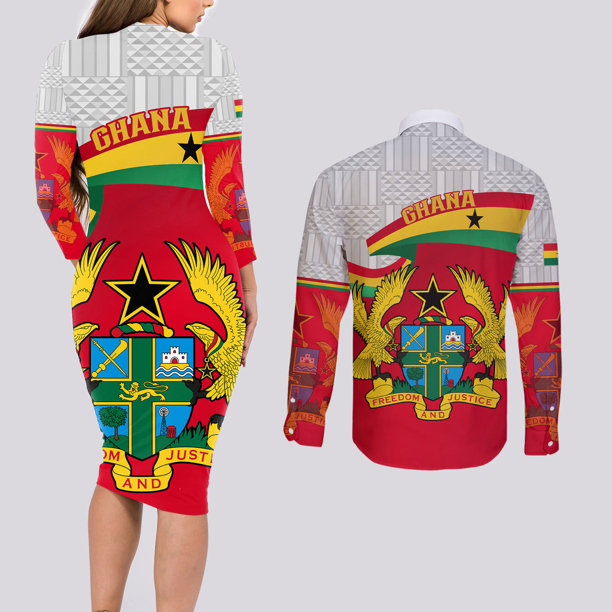 Ghana Independence Day Couples Matching Long Sleeve Bodycon Dress and Long Sleeve Button Shirt Gana Map Happy 67 Years Anniversary - Wonder Print Shop