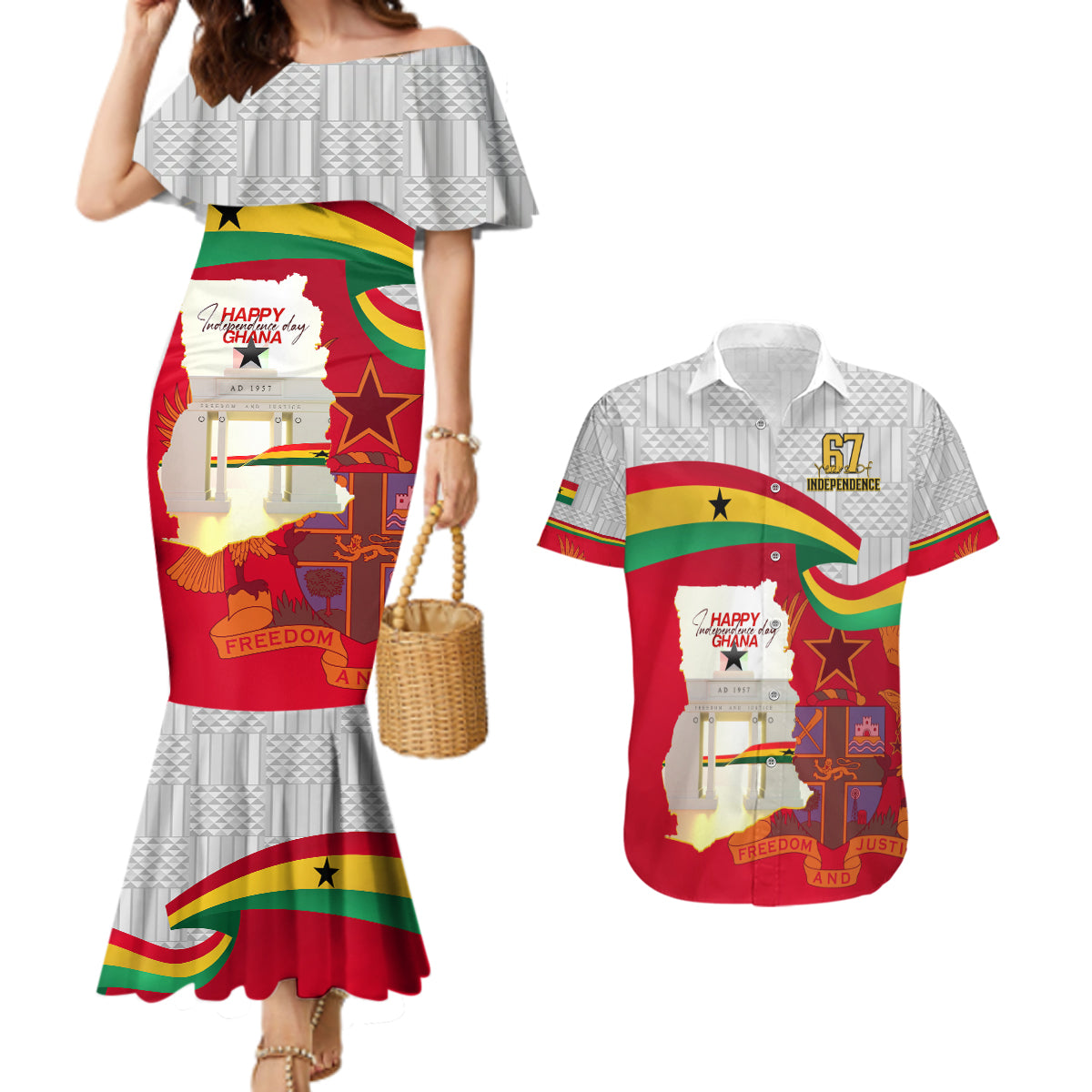 Ghana Independence Day Couples Matching Mermaid Dress and Hawaiian Shirt Gana Map Happy 67 Years Anniversary - Wonder Print Shop
