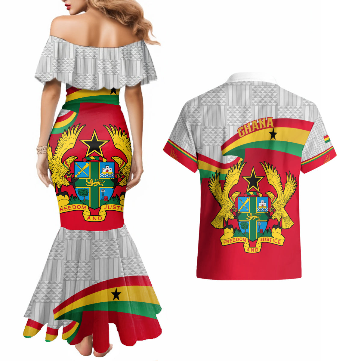Ghana Independence Day Couples Matching Mermaid Dress and Hawaiian Shirt Gana Map Happy 67 Years Anniversary - Wonder Print Shop