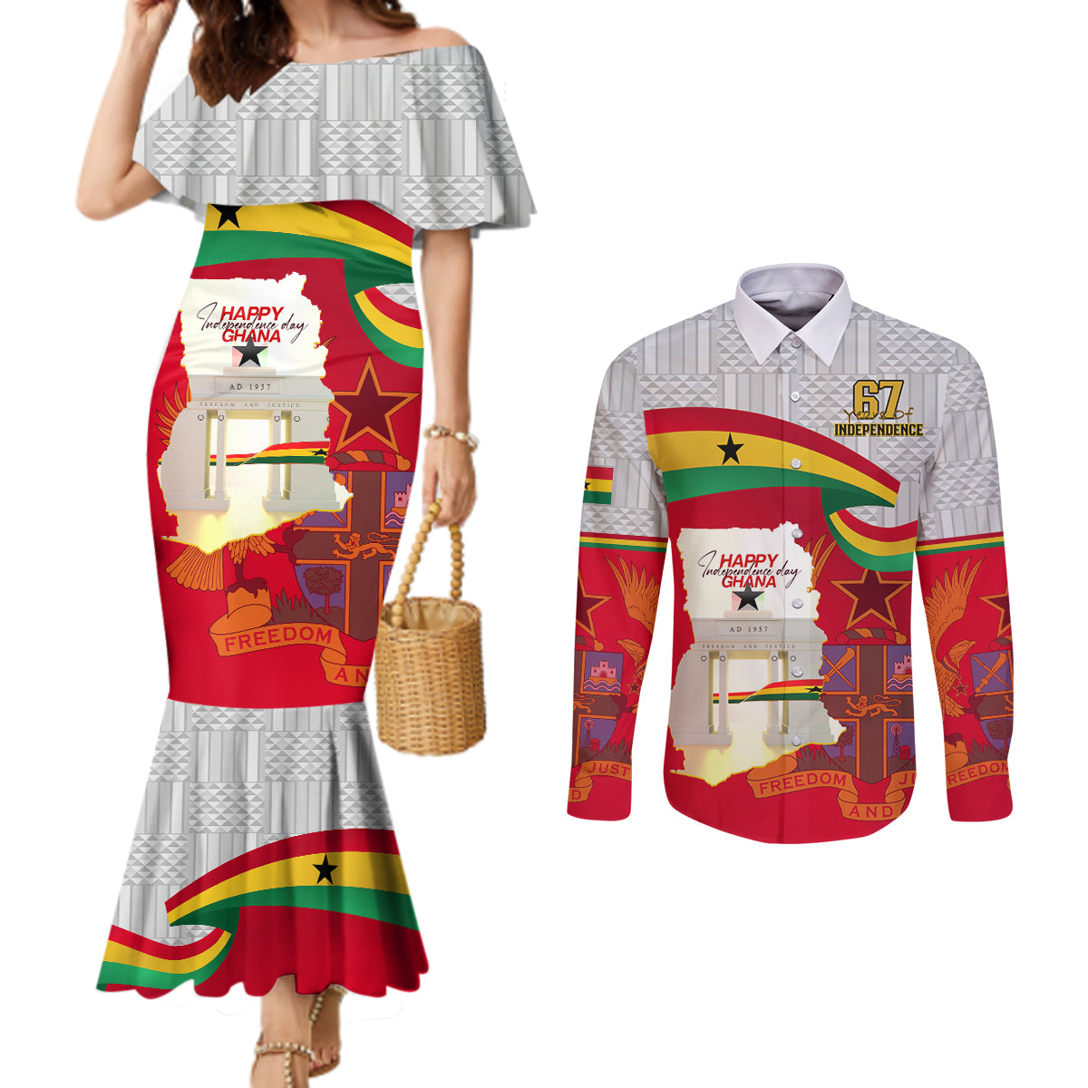 Ghana Independence Day Couples Matching Mermaid Dress and Long Sleeve Button Shirt Gana Map Happy 67 Years Anniversary