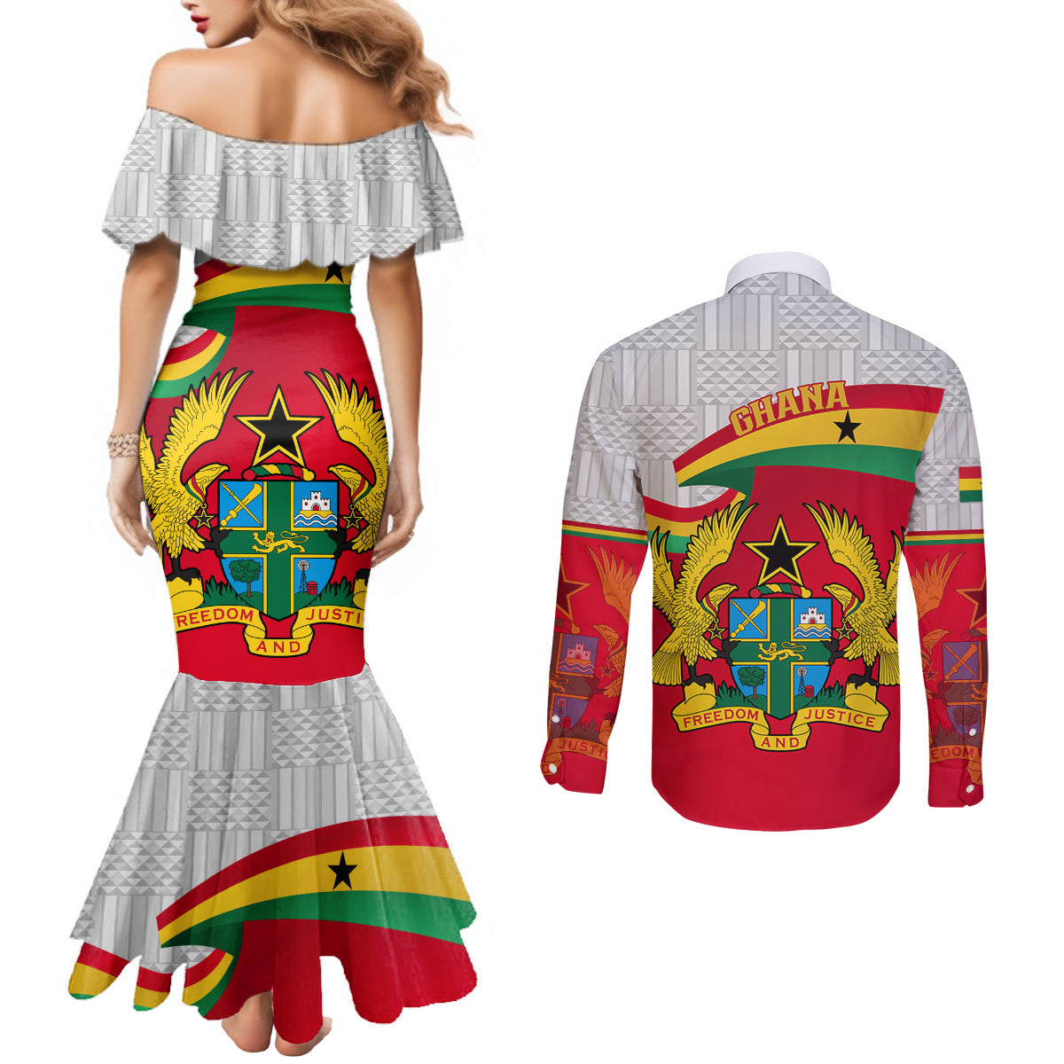 Ghana Independence Day Couples Matching Mermaid Dress and Long Sleeve Button Shirt Gana Map Happy 67 Years Anniversary