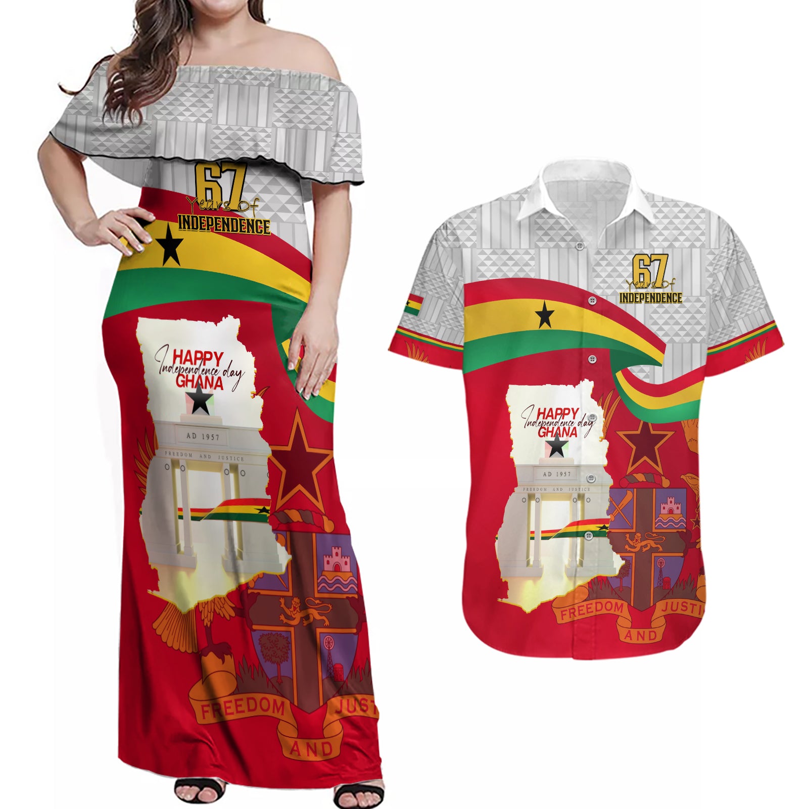 Ghana Independence Day Couples Matching Off Shoulder Maxi Dress and Hawaiian Shirt Gana Map Happy 67 Years Anniversary