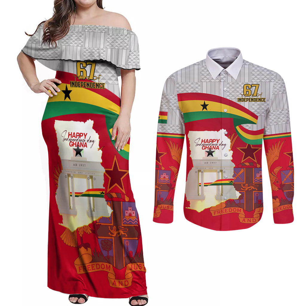 Ghana Independence Day Couples Matching Off Shoulder Maxi Dress and Long Sleeve Button Shirt Gana Map Happy 67 Years Anniversary