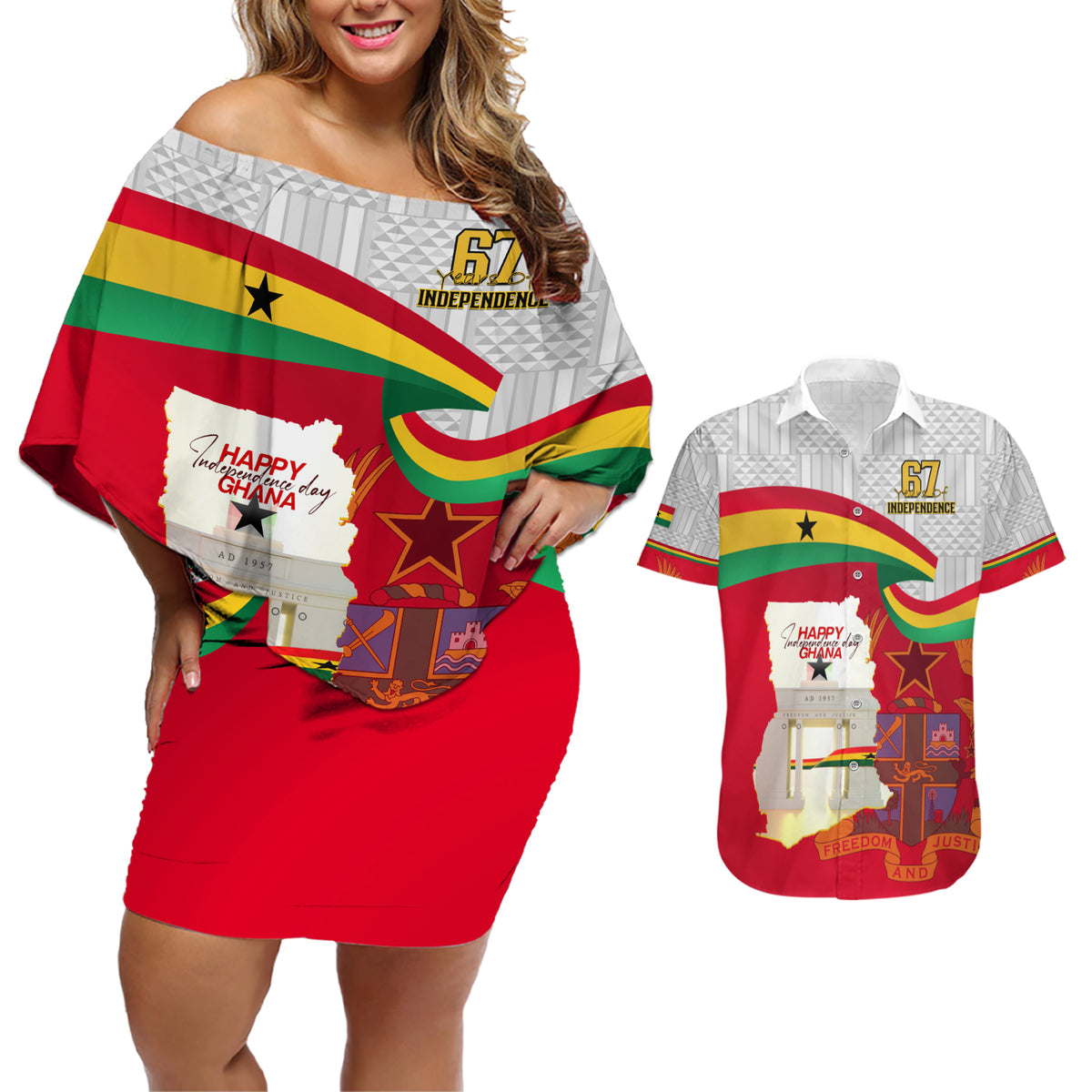Ghana Independence Day Couples Matching Off Shoulder Short Dress and Hawaiian Shirt Gana Map Happy 67 Years Anniversary - Wonder Print Shop