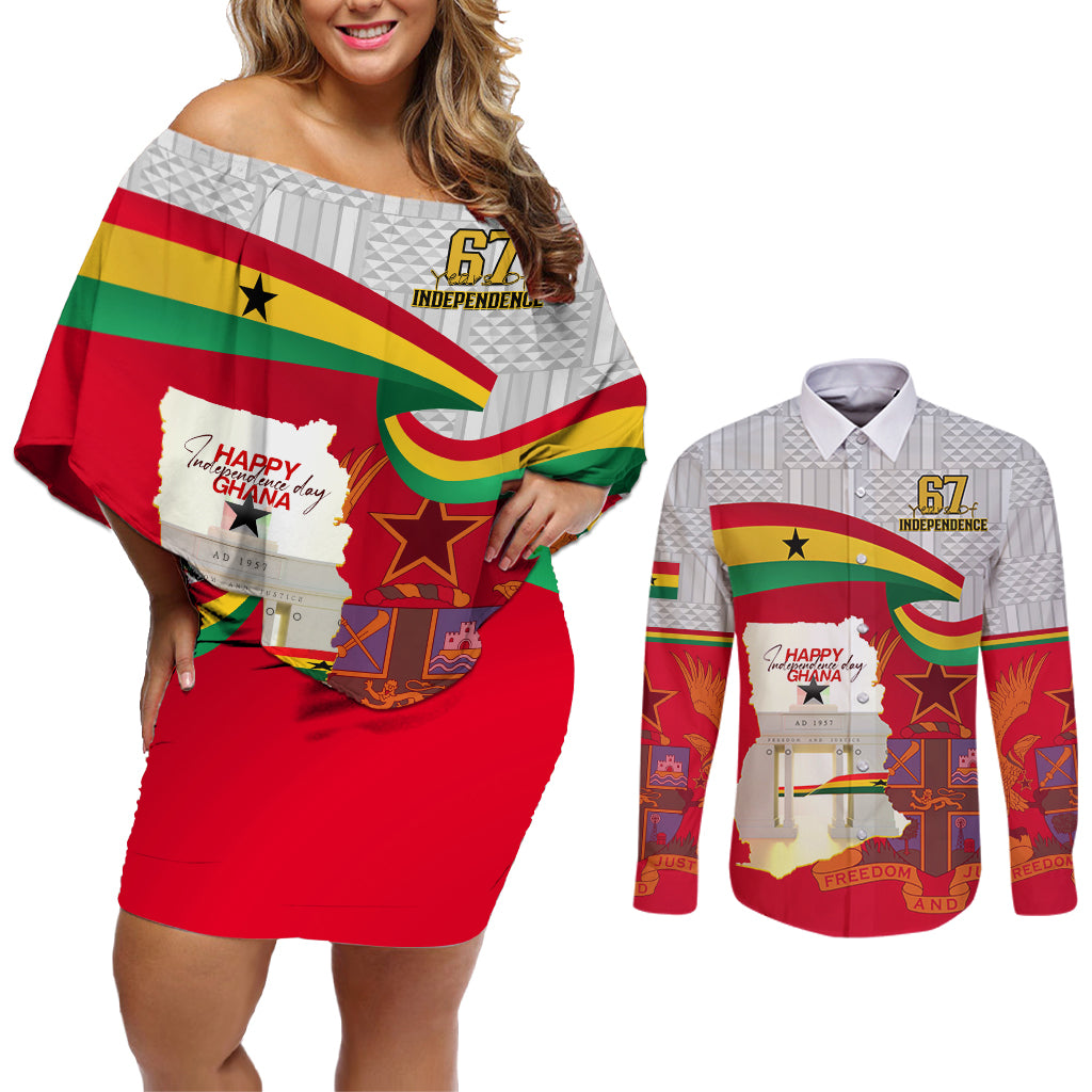Ghana Independence Day Couples Matching Off Shoulder Short Dress and Long Sleeve Button Shirt Gana Map Happy 67 Years Anniversary - Wonder Print Shop