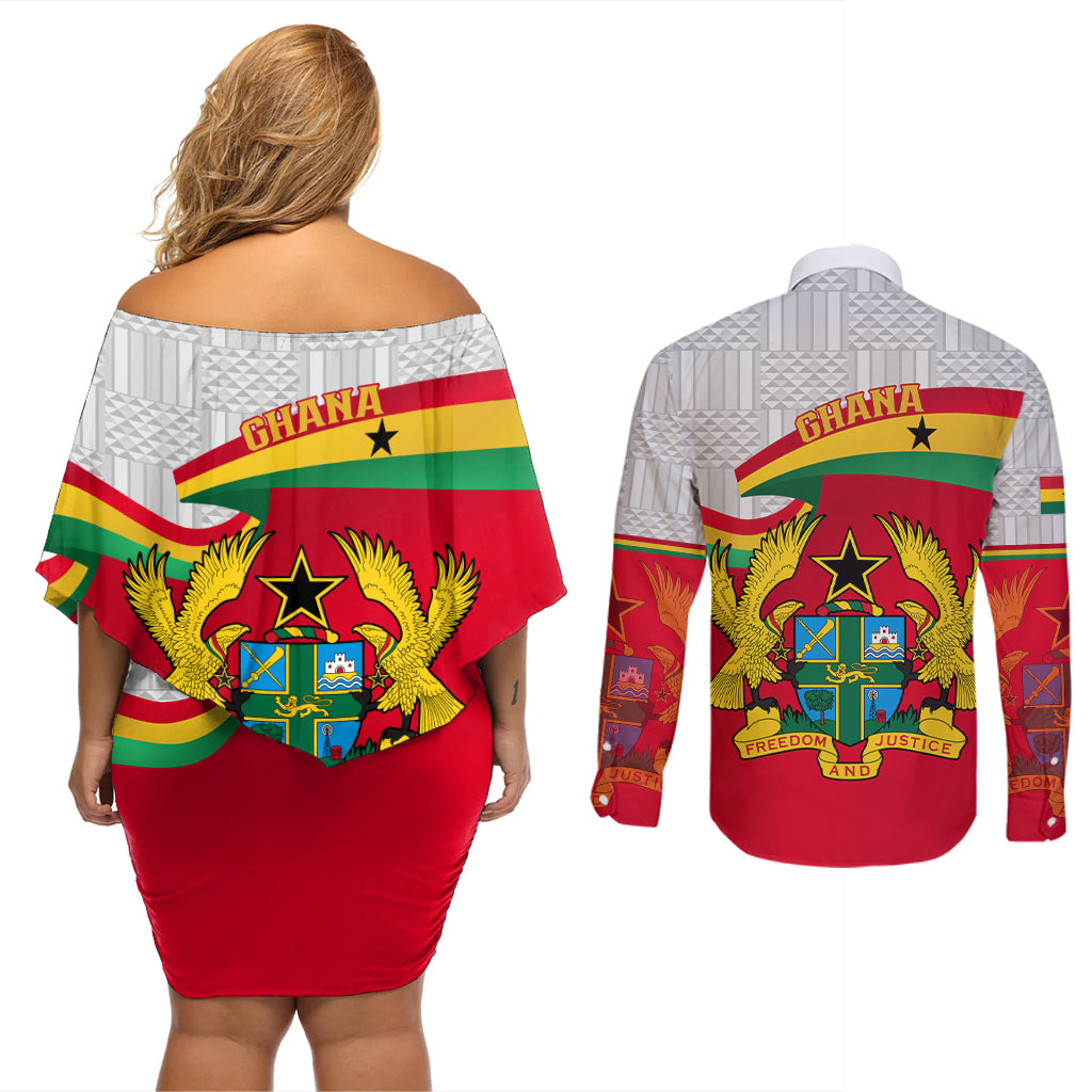 Ghana Independence Day Couples Matching Off Shoulder Short Dress and Long Sleeve Button Shirt Gana Map Happy 67 Years Anniversary - Wonder Print Shop
