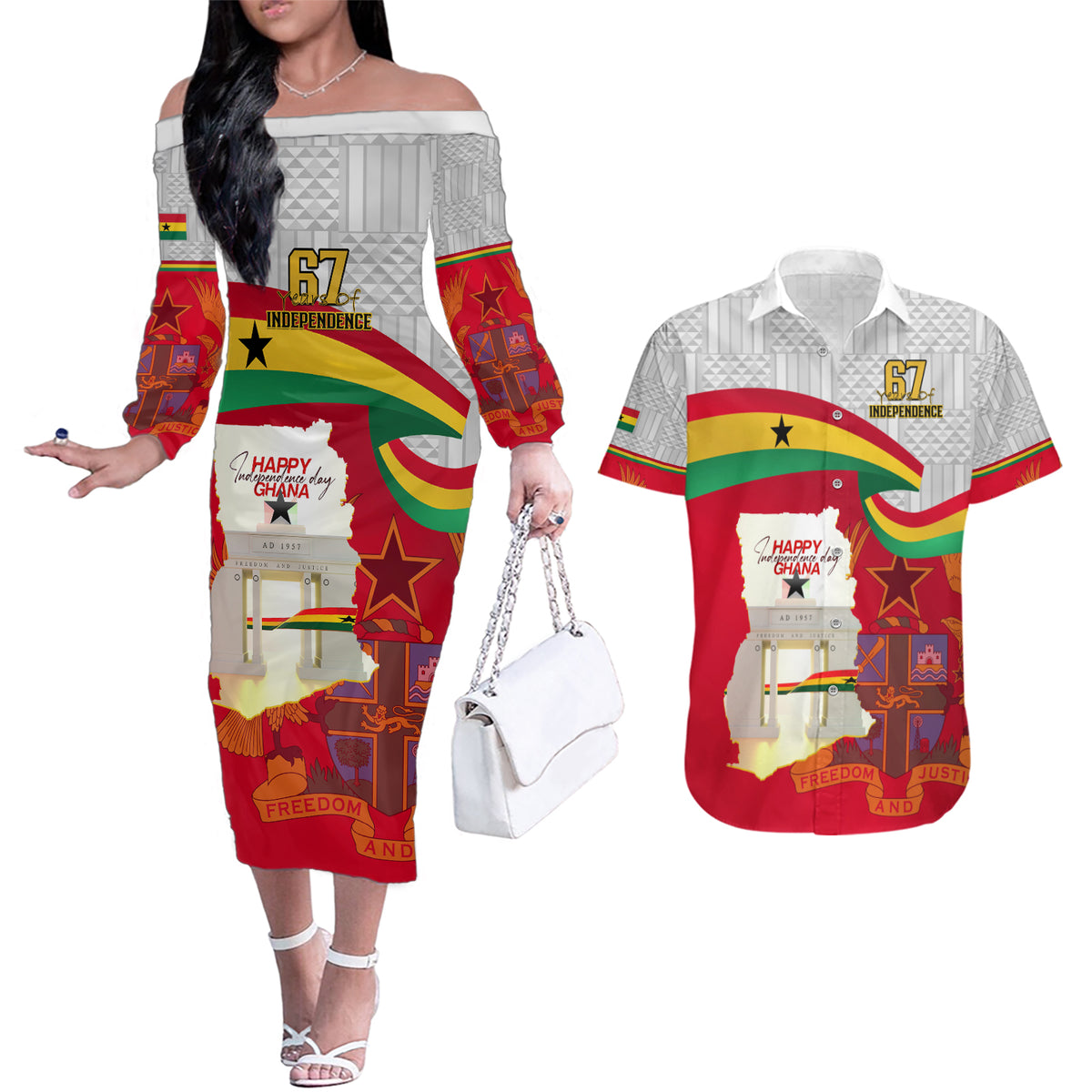 Ghana Independence Day Couples Matching Off The Shoulder Long Sleeve Dress and Hawaiian Shirt Gana Map Happy 67 Years Anniversary - Wonder Print Shop