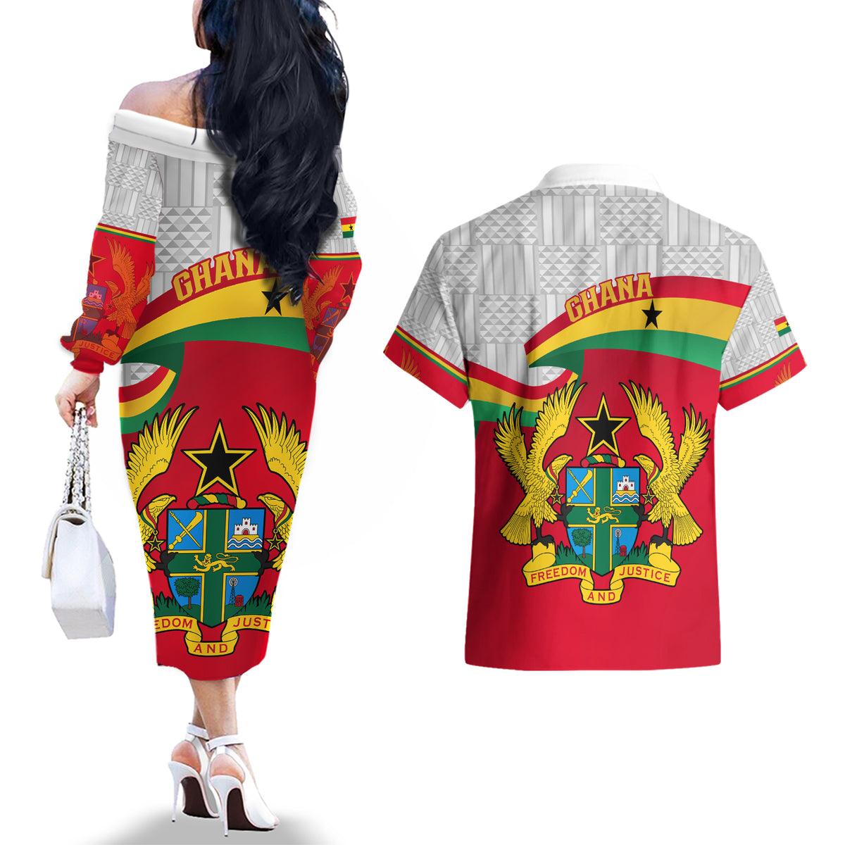Ghana Independence Day Couples Matching Off The Shoulder Long Sleeve Dress and Hawaiian Shirt Gana Map Happy 67 Years Anniversary - Wonder Print Shop