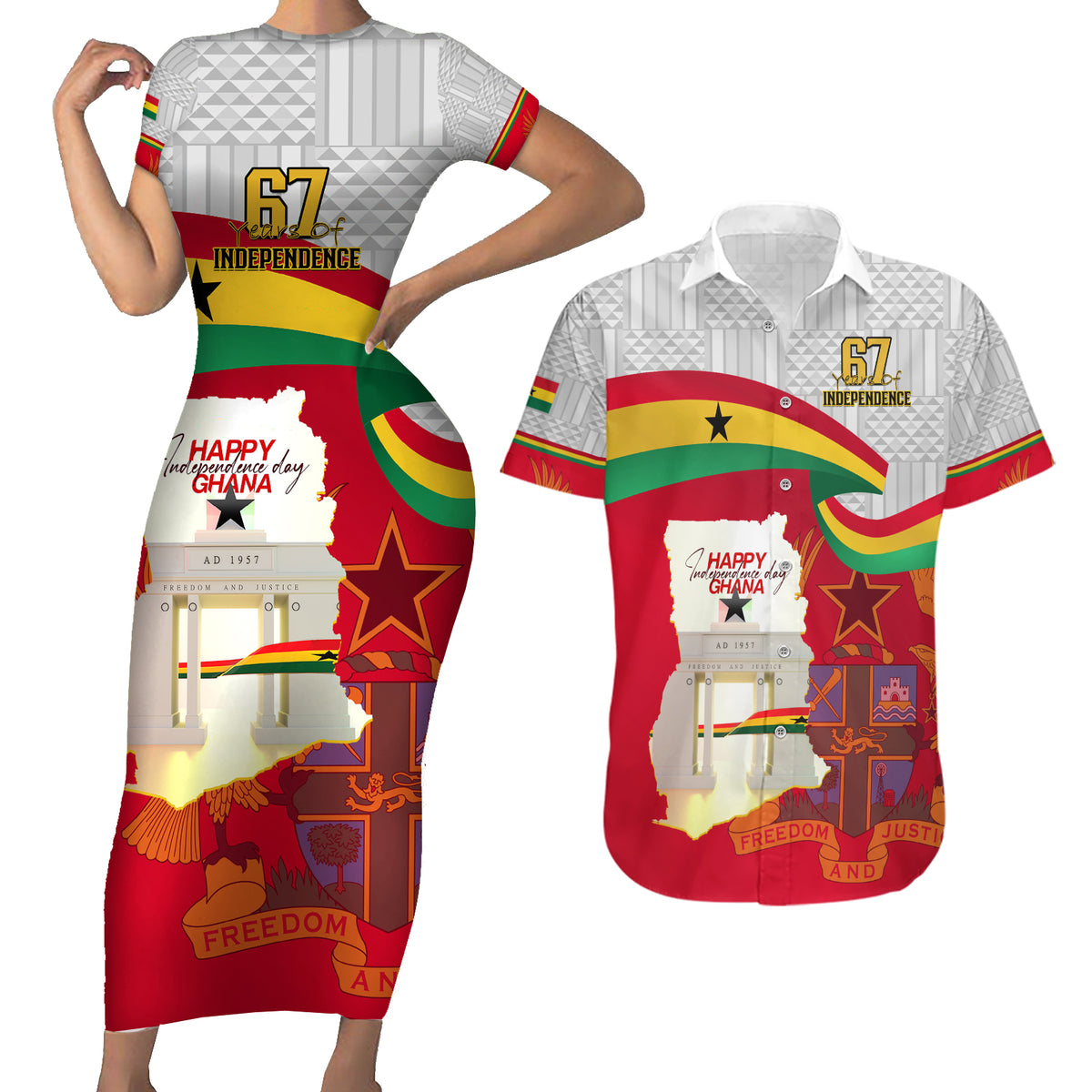 Ghana Independence Day Couples Matching Short Sleeve Bodycon Dress and Hawaiian Shirt Gana Map Happy 67 Years Anniversary - Wonder Print Shop