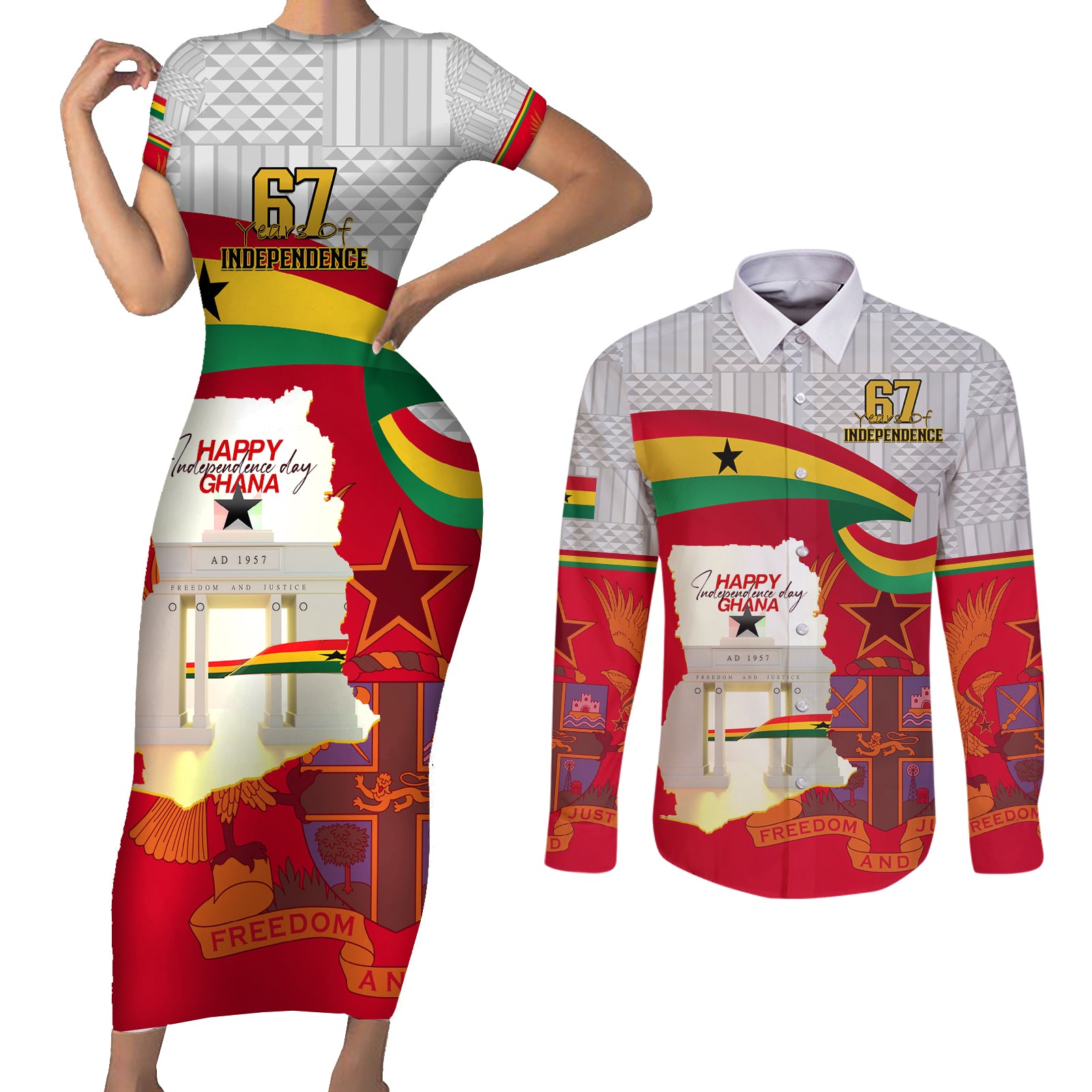 Ghana Independence Day Couples Matching Short Sleeve Bodycon Dress and Long Sleeve Button Shirt Gana Map Happy 67 Years Anniversary