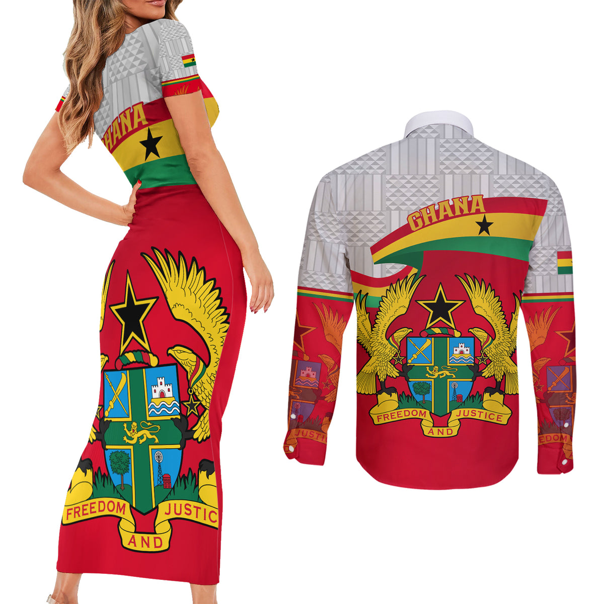 Ghana Independence Day Couples Matching Short Sleeve Bodycon Dress and Long Sleeve Button Shirt Gana Map Happy 67 Years Anniversary - Wonder Print Shop