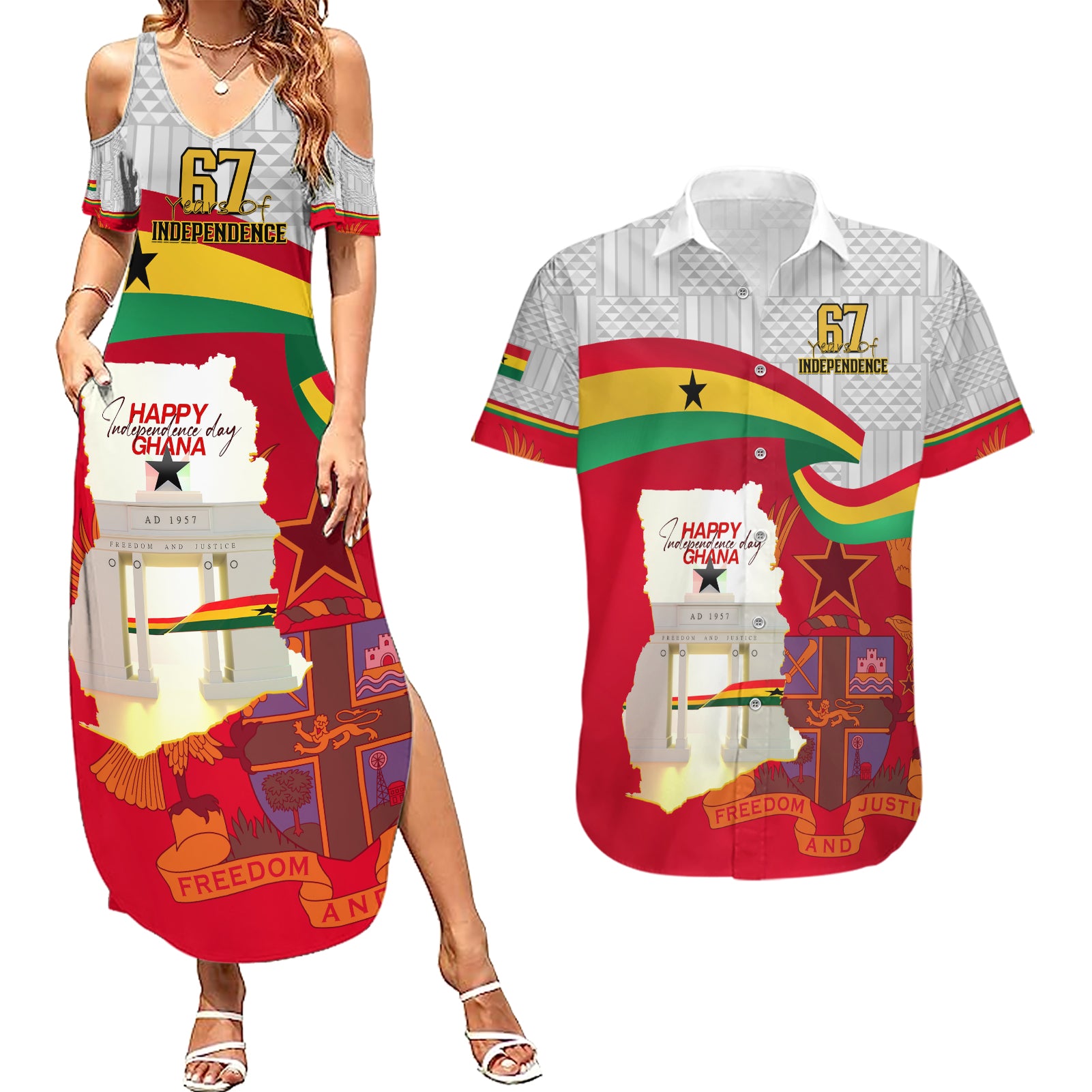 Ghana Independence Day Couples Matching Summer Maxi Dress and Hawaiian Shirt Gana Map Happy 67 Years Anniversary - Wonder Print Shop